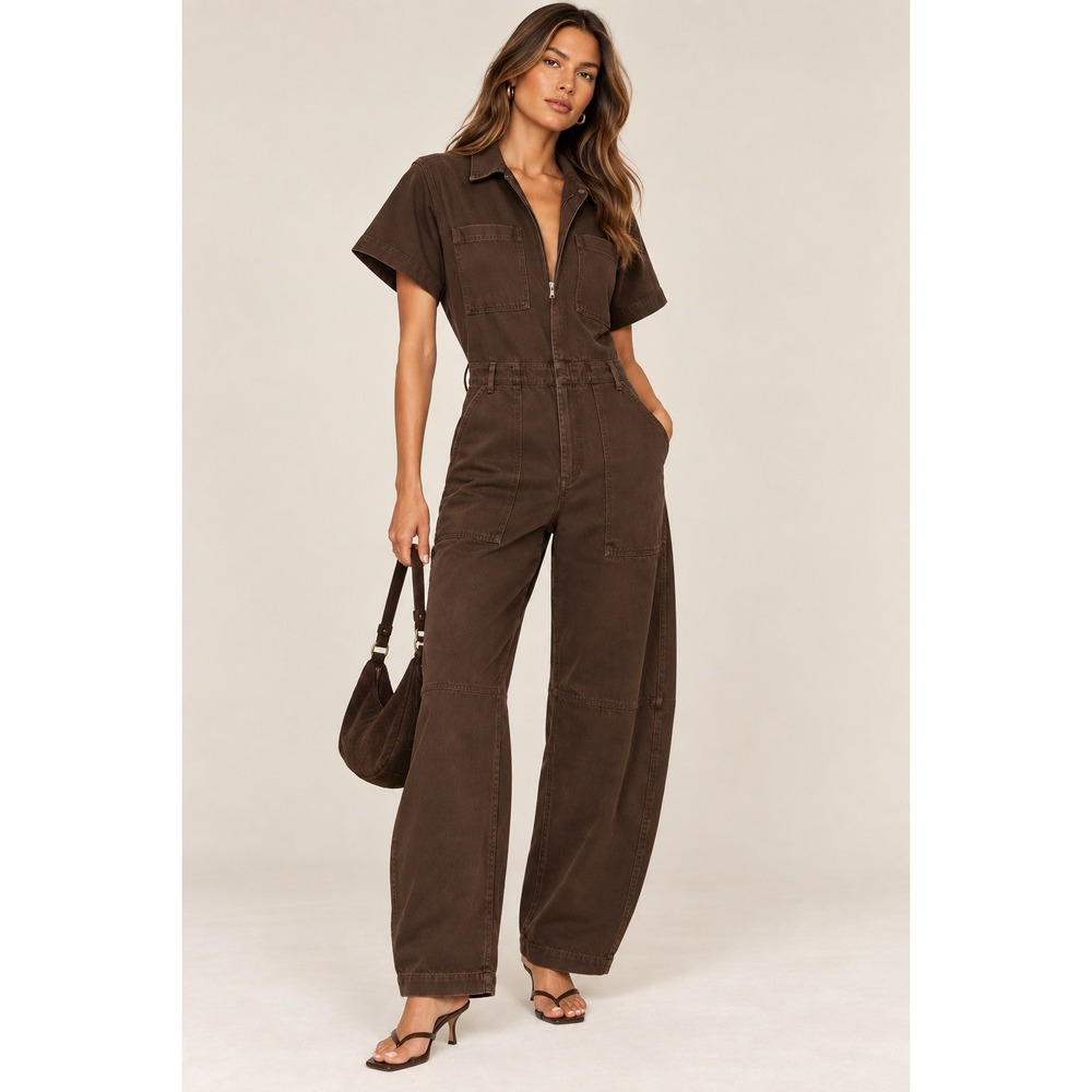Pistola Revolve Cruz Barrel Leg Chocolate Brown Utility Jumpsuit (MSRP: $218) L